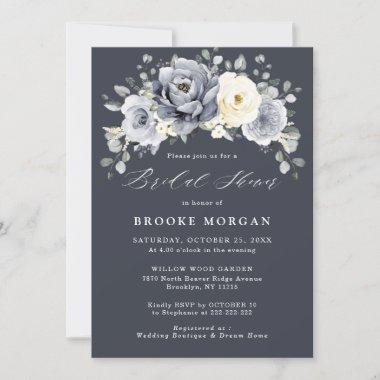 Silver Grey Ivory Floral Winter Boho Bridal Shower Invitations
