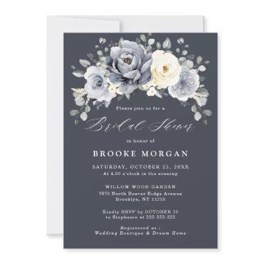 Silver Grey Ivory Floral Winter Boho Bridal Shower Invitations