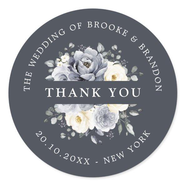 Silver Grey Ivory Floral Winter Wedding Thank you Classic Round Sticker