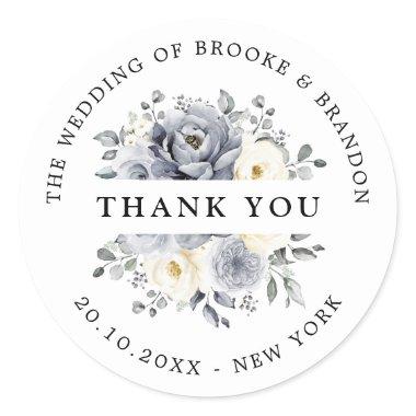 Silver Grey Ivory Floral Winter Wedding Thank you Classic Round Sticker