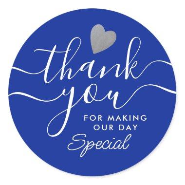 Silver Heart Blue And White Thank You Favor Classic Round Sticker