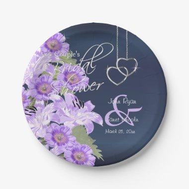 Silver Hearts on Lavender & Navy Satin Paper Plates