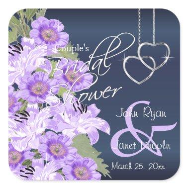 Silver Hearts on Lavender & Navy Satin Square Sticker