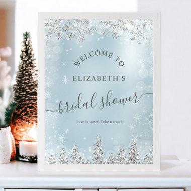 Silver ice blue snow pine welcome bridal shower poster