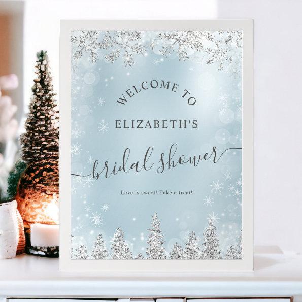 Silver ice blue snow pine welcome bridal shower poster