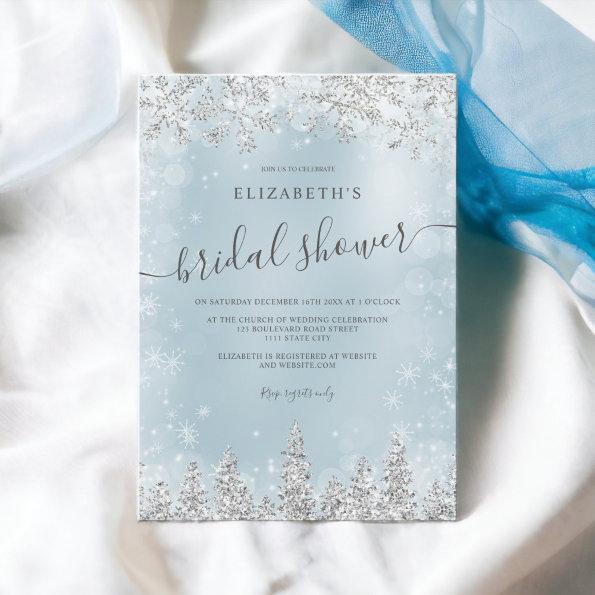 Silver ice blue snow pine winter bridal shower Invitations
