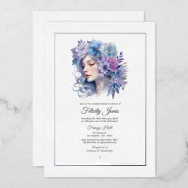 Silver, Icy Blue and Lilac Floral Bridal Shower Foil Invitations