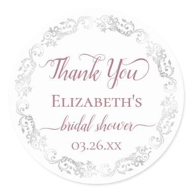 Silver Lace and Dusty Rose Bridal Shower Thank You Classic Round Sticker