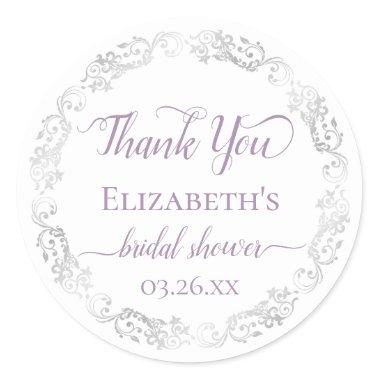Silver Lace and Lavender Bridal Shower Thank You Classic Round Sticker