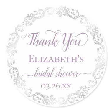 Silver Lace and Lavender Bridal Shower Thank You Classic Round Sticker