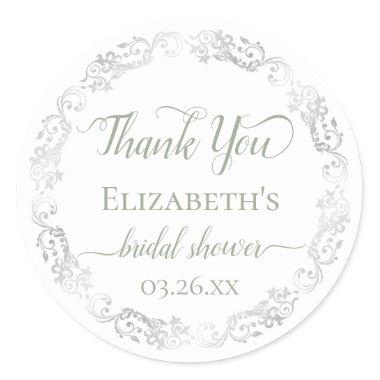 Silver Lace and Sage Green Bridal Shower Thank You Classic Round Sticker
