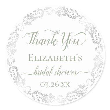 Silver Lace and Sage Green Bridal Shower Thank You Classic Round Sticker