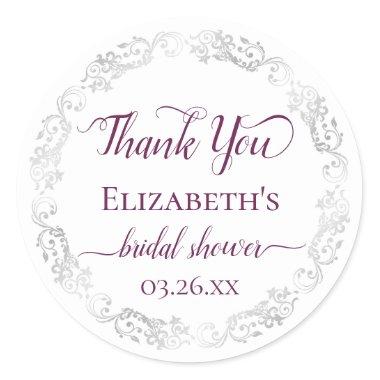 Silver Lace Berry on White Bridal Shower Thank You Classic Round Sticker