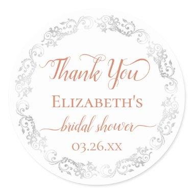 Silver Lace & Coral Orange Bridal Shower Thank You Classic Round Sticker
