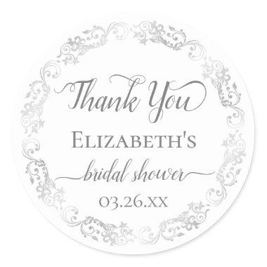 Silver Lace Gray on White Bridal Shower Thank You Classic Round Sticker