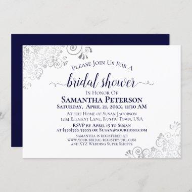 Silver Lace Navy Blue Elegant White Bridal Shower Invitations