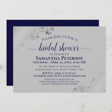 Silver Lace Navy Blue & Gray Elegant Bridal Shower Invitations