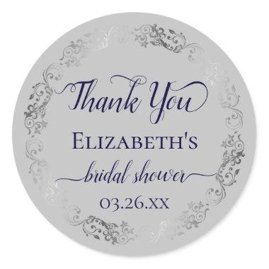Silver Lace Navy on Gray Bridal Shower Thank You Classic Round Sticker