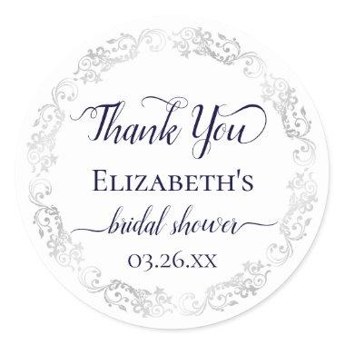 Silver Lace Navy on White Bridal Shower Thank You Classic Round Sticker