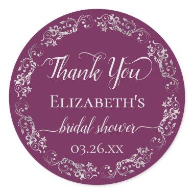 Silver Lace on Berry Bridal Shower Thank You Classic Round Sticker