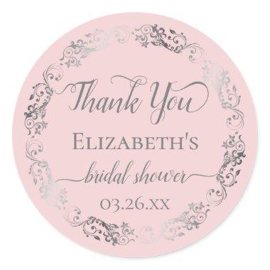 Silver Lace on Blush Pink Bridal Shower Thank You Classic Round Sticker