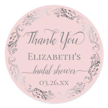 Silver Lace on Blush Pink  Thank You Classic Round Sticker
