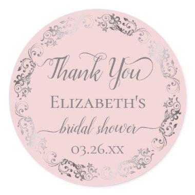 Silver Lace on Blush Pink Bridal Shower Thank You Classic Round Sticker