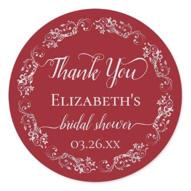 Silver Lace on Crimson Red Bridal Shower Thank You Classic Round Sticker