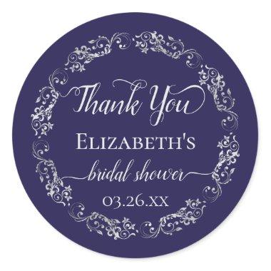 Silver Lace on Navy Blue Bridal Shower Thank You Classic Round Sticker