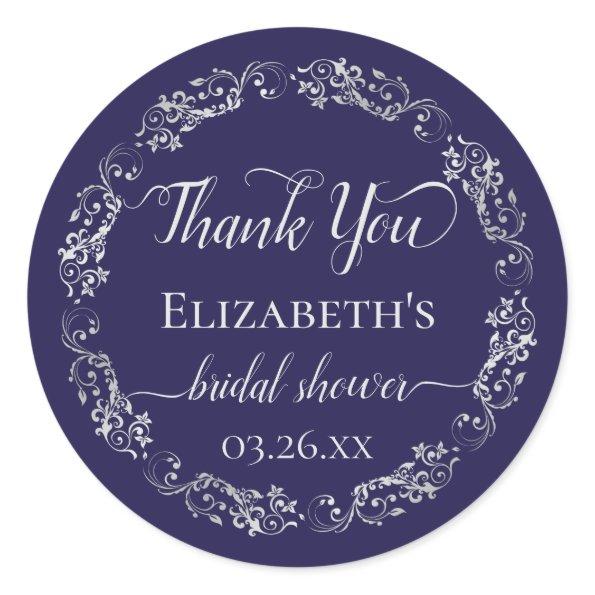 Silver Lace on Navy Blue  Thank You Classic Round Sticker