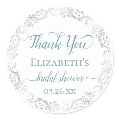 Silver Lace Teal on White  Thank You Classic Round Sticker