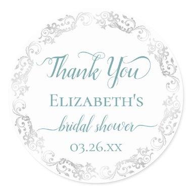 Silver Lace Teal on White Bridal Shower Thank You Classic Round Sticker