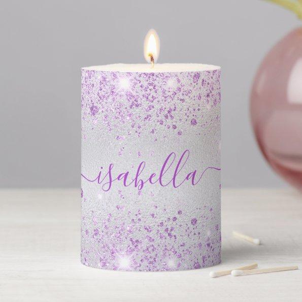 Silver lavender glitter name script pillar candle