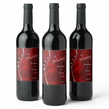 Silver Leaf Swirl Red Wedding Wine Label