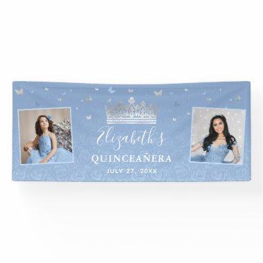 Silver Light Baby Blue Photo Birthday Quinceanera Banner