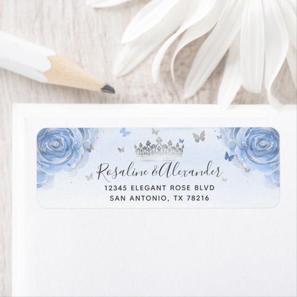 Silver Light Baby Blue Roses Crown Return Address Label