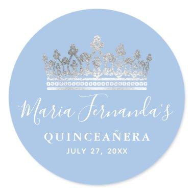 Silver Light Baby Blue Roses Elegant Quinceanera Classic Round Sticker