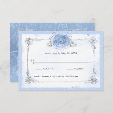Silver Light Baby Blue Roses Elegant RSVP Card