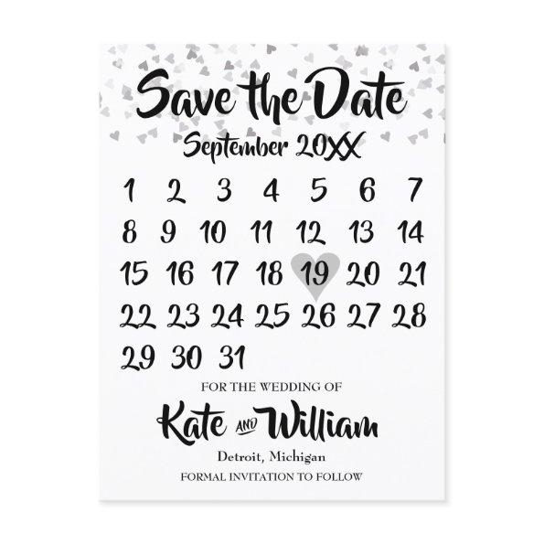 Silver Love Heart Calendar Save the Date Announcement PostInvitations