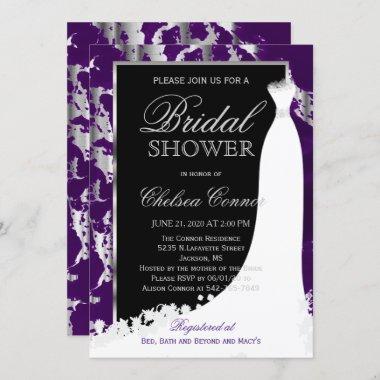 Silver Marble, Black and Purple Bridal Invitations