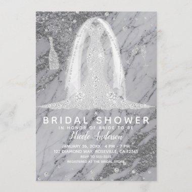 Silver Marble Diamond Wedding Dress Bridal Shower Invitations