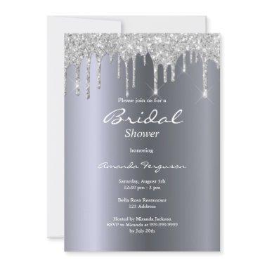 Silver metallic glitter drips glam bridal shower Invitations