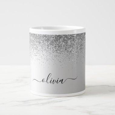 Silver Monogram Glitter Sparkle Girly Script Giant Coffee Mug