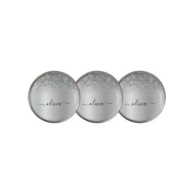 Silver Monogram Glitter Sparkle Girly Script Golf Ball Marker