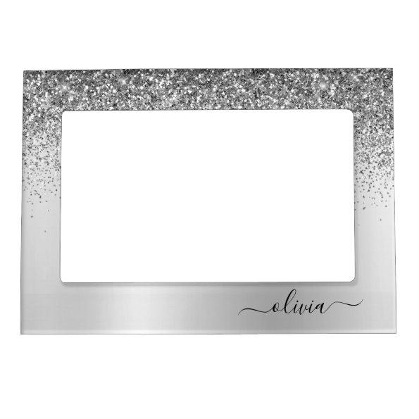 Silver Monogram Glitter Sparkle Girly Script Magnetic Frame