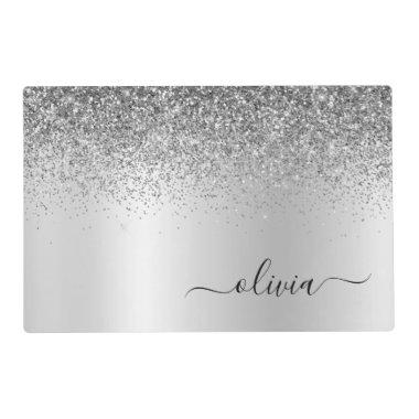 Silver Monogram Glitter Sparkle Girly Script Placemat