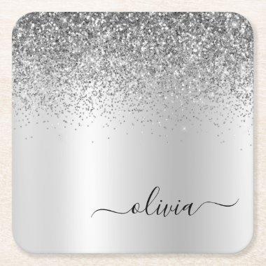 Silver Monogram Glitter Sparkle Girly Script Square Paper Coaster