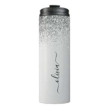 Silver Monogram Glitter Sparkle Girly Script Thermal Tumbler