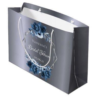 Silver navy blue florals geometric bridal shower large gift bag
