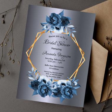 Silver navy Blue florals gold bridal shower Invitations
